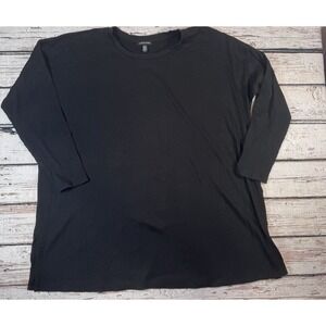 Eileen Fisher Ribbed‎ Knit Top Black 3/4 Sleeve Side Slit Casual 2X